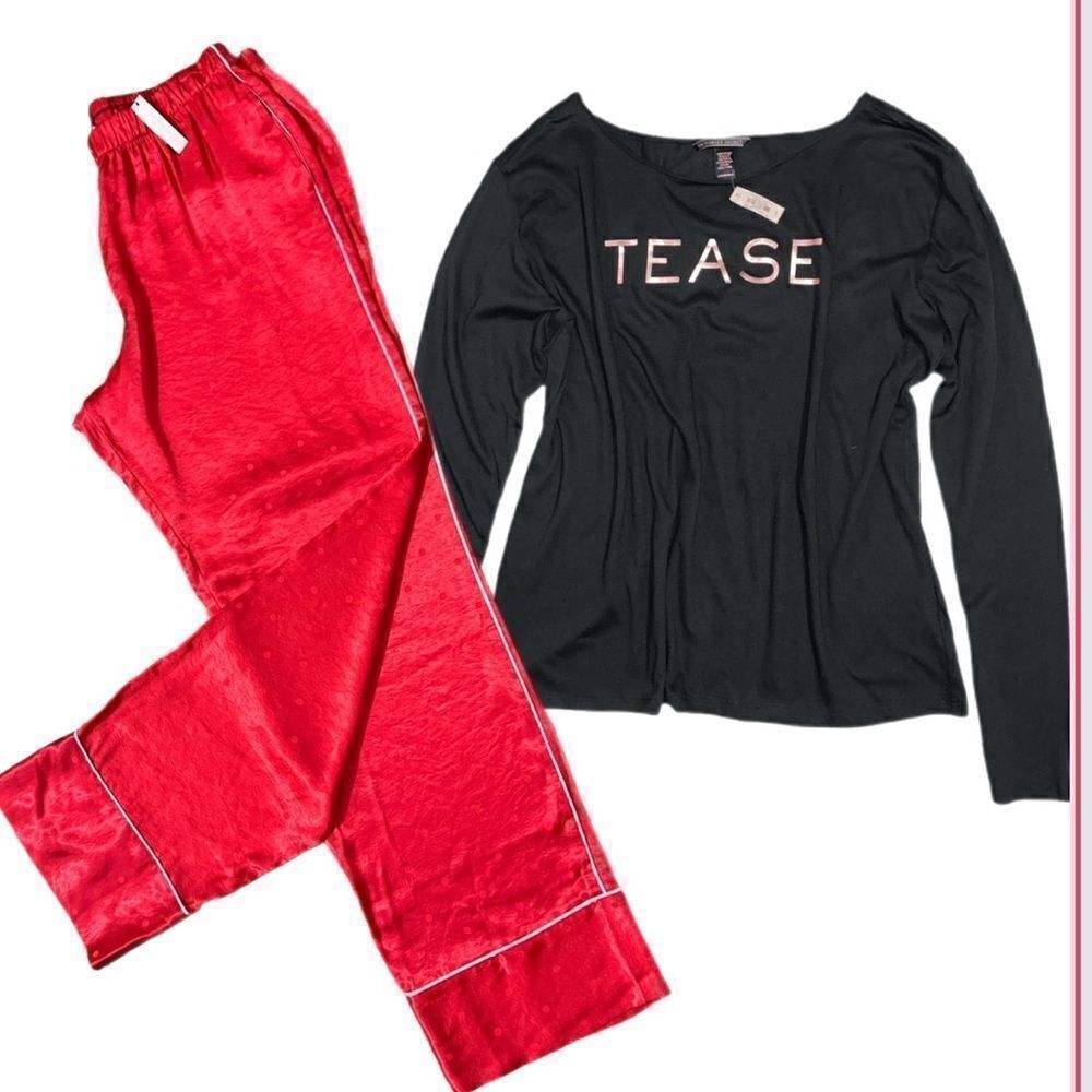 Victorias Secret Silky Satin thick pants & soft tease top pajama set black-red L